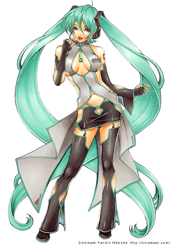zin, zin amami, hatsune miku, vocaloid, 1girl, aqua hair, breasts, cleavage, female focus, long hair, miniskirt, pencil skirt, skirt, solo, thighhighs, twintails, very long hair