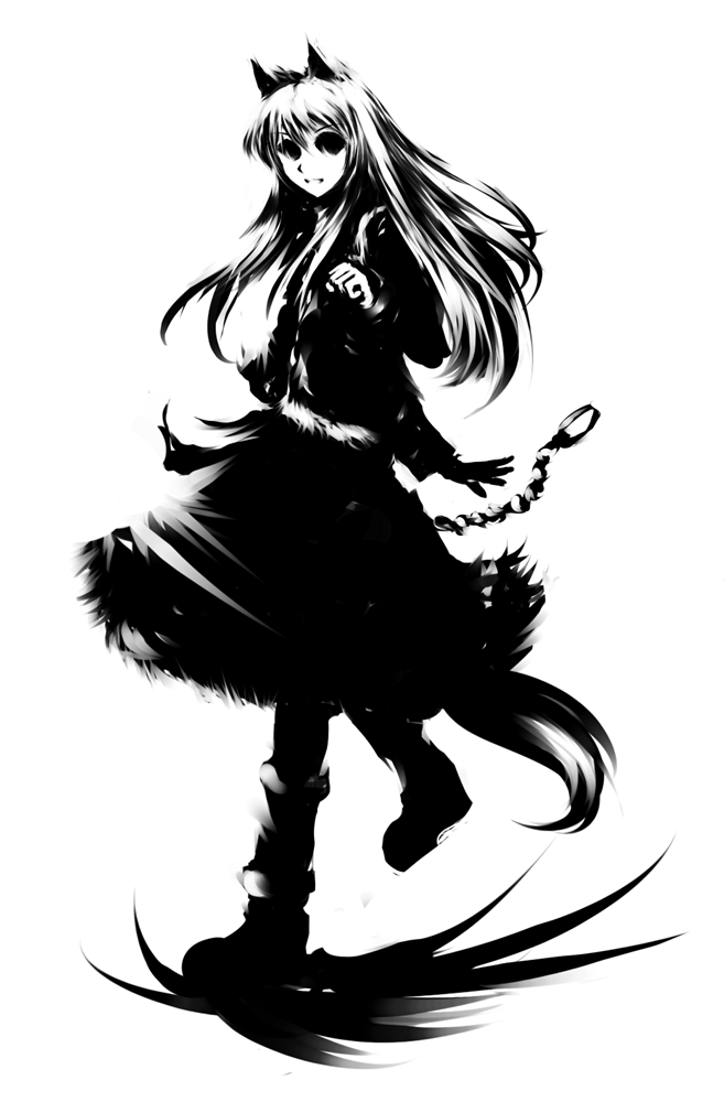 mohomen, holo, spice and wolf, 00s, 1girl, animal ears, female focus, full body, greyscale, high contrast, long hair, monochrome, solo, tail, wolf ears, wolf tail