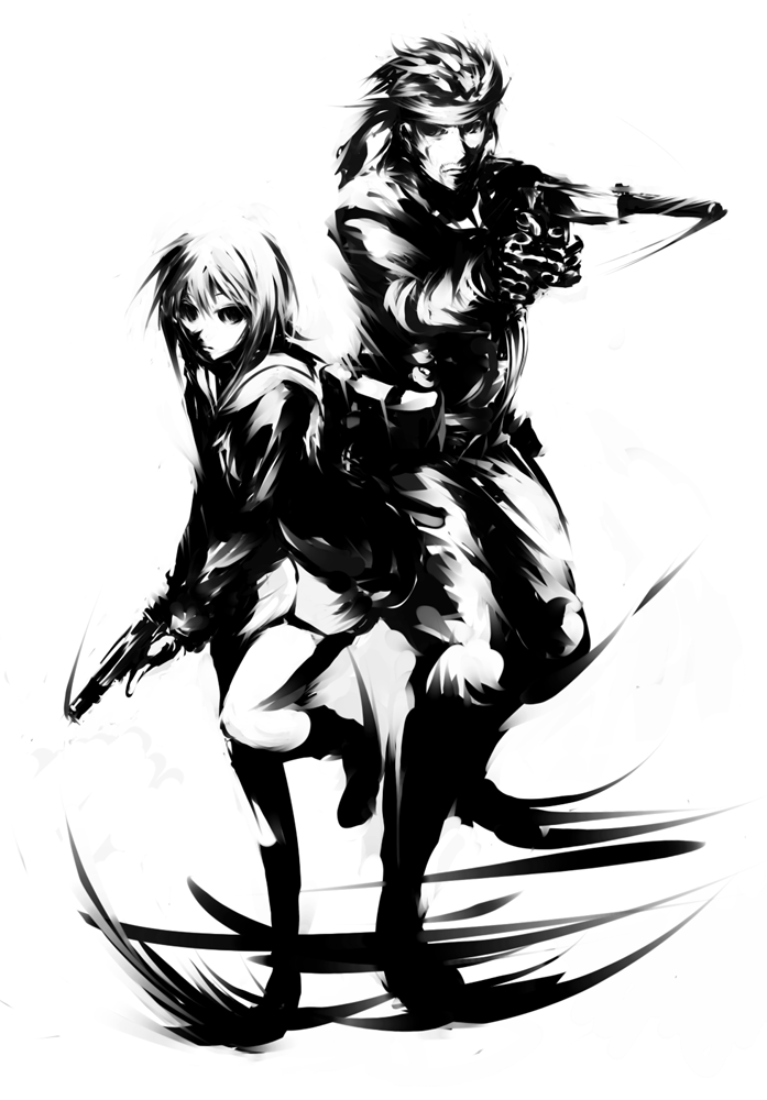 mohomen, big boss, nagato yuki, naked snake, solid snake, metal gear (series), metal gear solid, suzumiya haruhi no yuuutsu, 00s, 1boy, 1girl, crossover, full body, greyscale, gun, handgun, high contrast, m1911, monochrome, pistol, short hair, standing, suppressor, weapon