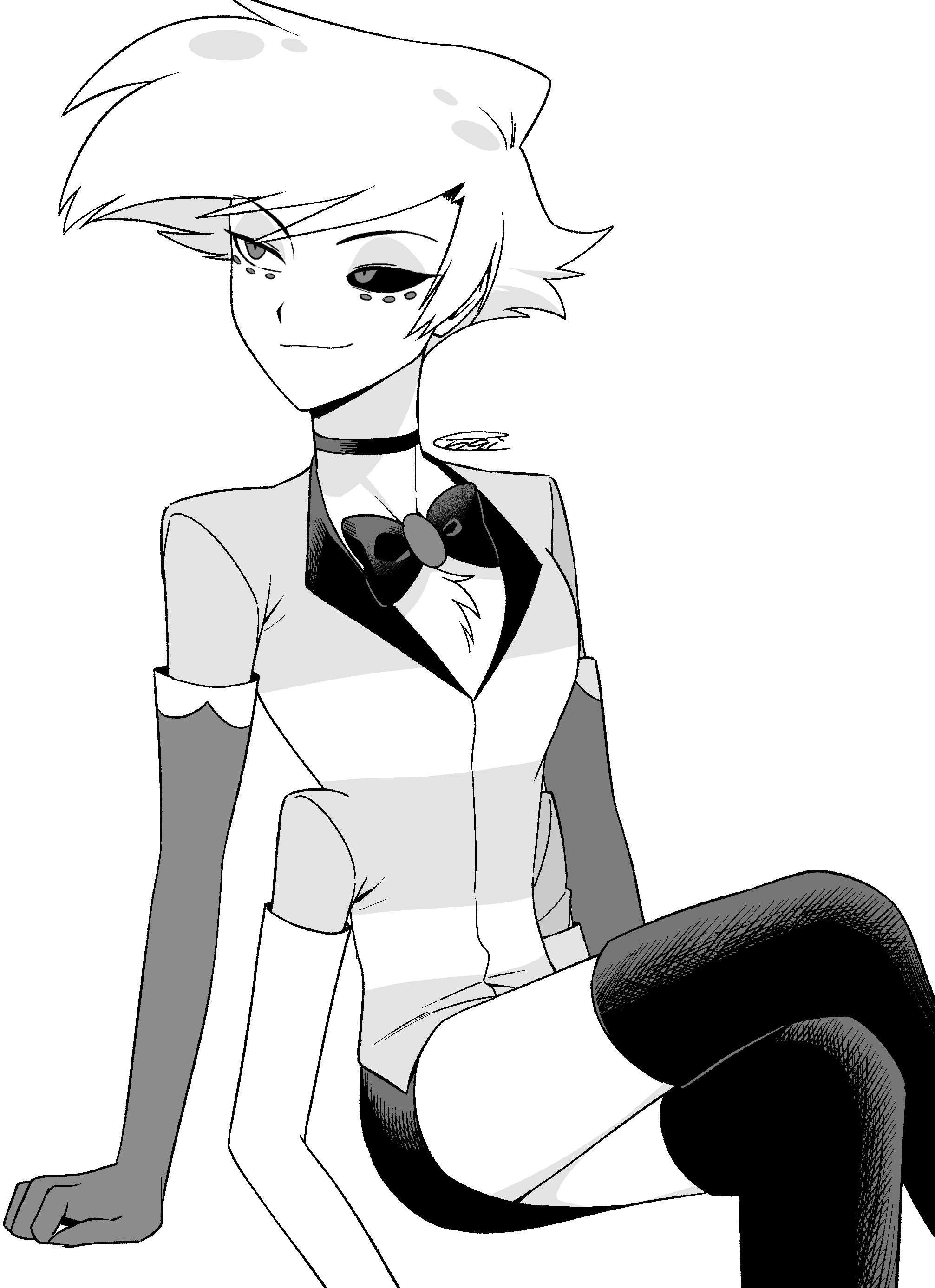 menma (enaic31), angel dust, hazbin hotel, hellaverse, absurdres, commentary request, highres, 1boy, bow, bowtie, choker, closed mouth, collarbone, crossed legs, elbow gloves, extra arms, facial mark, feet out of frame, gloves, hatching (texture), humanization, invisible chair, looking to the side, male focus, miniskirt, mismatched sclera, pencil skirt, shirt, short hair, signature, sitting, skirt, smile, solo, striped clothes, striped shirt, thighhighs, traditional bowtie, two-tone shirt