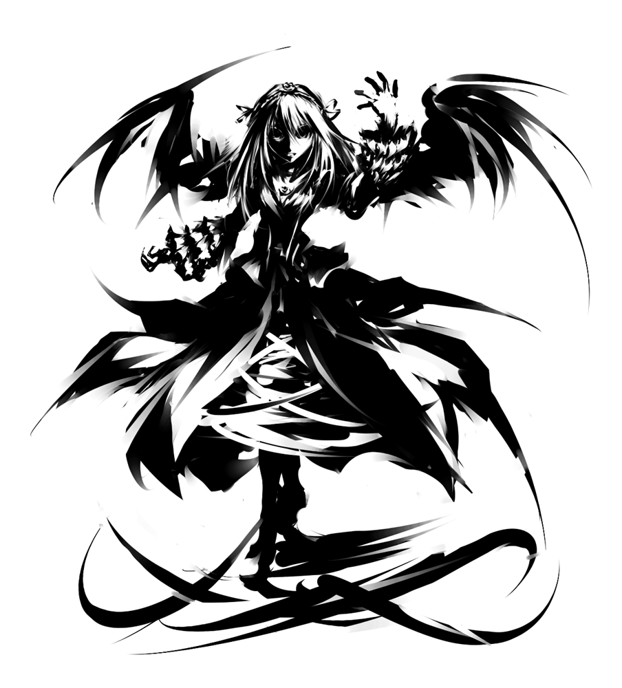 mohomen, suigintou, rozen maiden, 00s, 1girl, female focus, full body, greyscale, high contrast, long hair, monochrome, solo, standing, wings