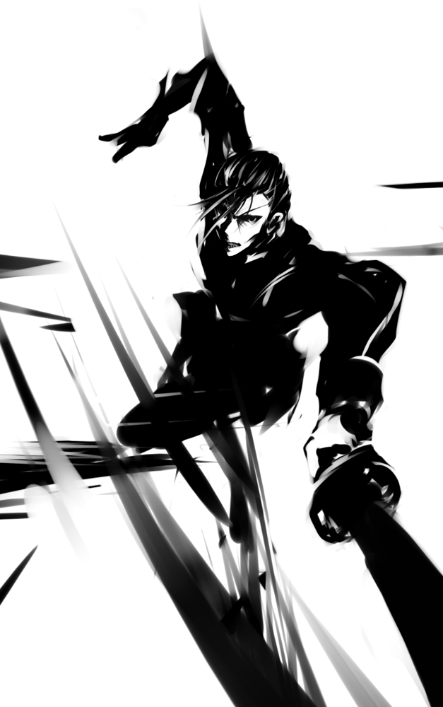 mohomen, saitou hajime, saitou hajime (rurouni kenshin), rurouni kenshin, 1boy, greyscale, hajime saitou, high contrast, male focus, manly, monochrome, solo, sword, weapon