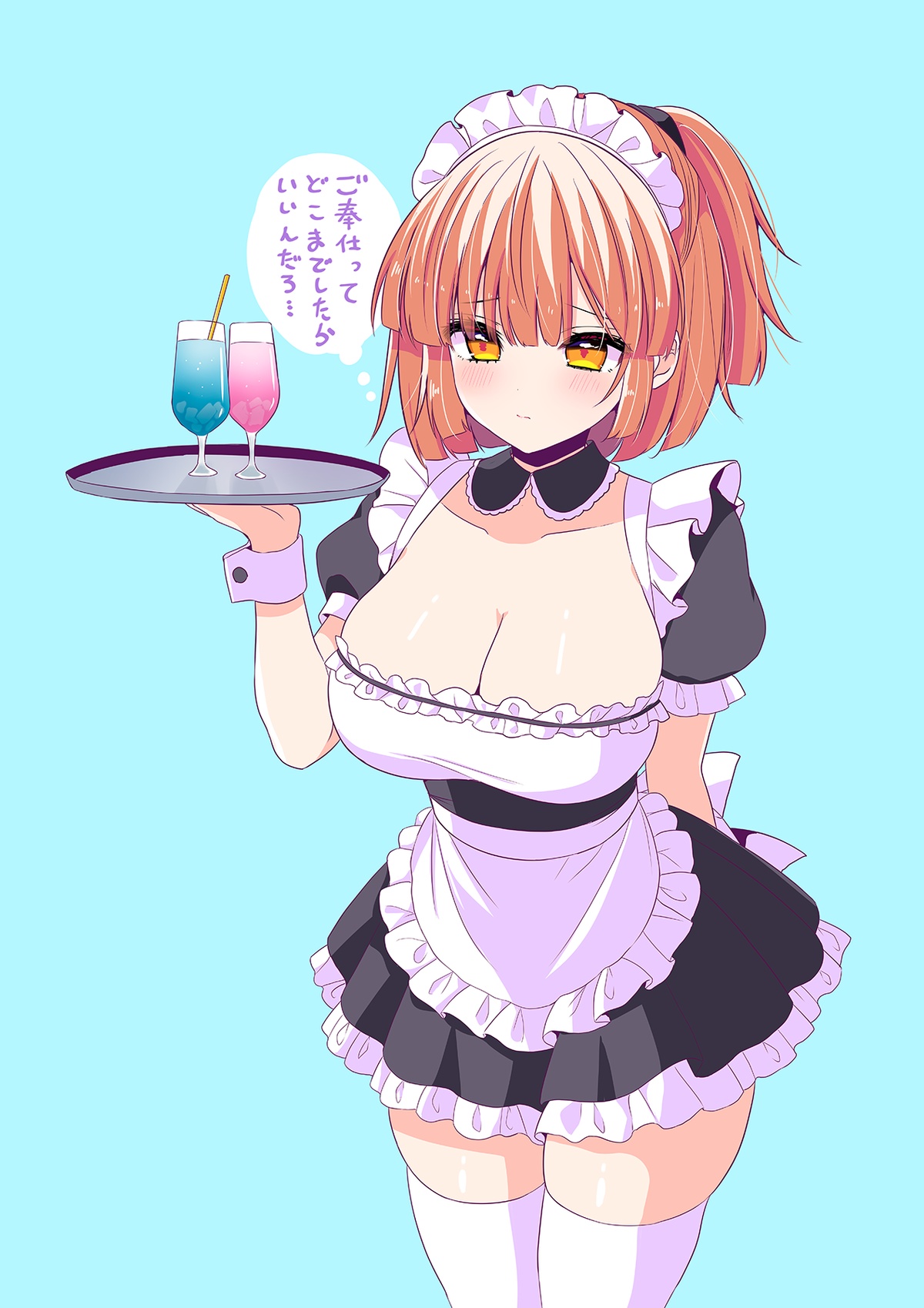 shiwasu horio, arle nadja, madou monogatari, puyopuyo, commentary request, highres, translation request, 1girl, alternate costume, apron, arm behind back, black collar, black dress, blue background, blush, breasts, brown hair, cleavage, closed mouth, collar, collarbone, cowboy shot, cup, detached collar, dress, drink, drinking glass, enmaided, frilled apron, frilled dress, frills, hand up, holding, holding tray, large breasts, maid, maid headdress, orange eyes, pleated dress, ponytail, puffy short sleeves, puffy sleeves, short sleeves, simple background, skindentation, solo, thighhighs, tray, waitress, white apron, white thighhighs