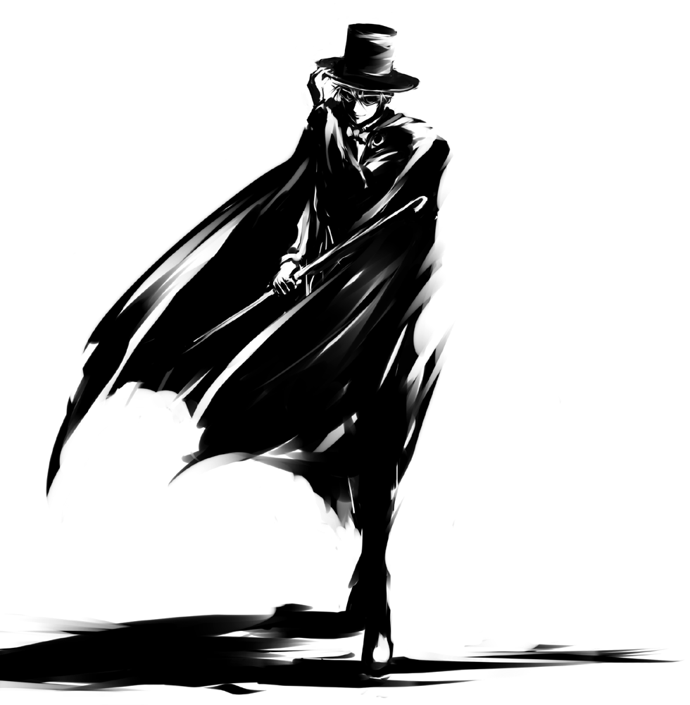 mohomen, chiba mamoru, tuxedo kamen, bishoujo senshi sailor moon, 1990s (style), 1boy, cane, cape, domino mask, formal clothes, full body, gloves, greyscale, hand on headwear, hat, high contrast, male focus, mask, monochrome, solo, standing, top hat, tuxedo
