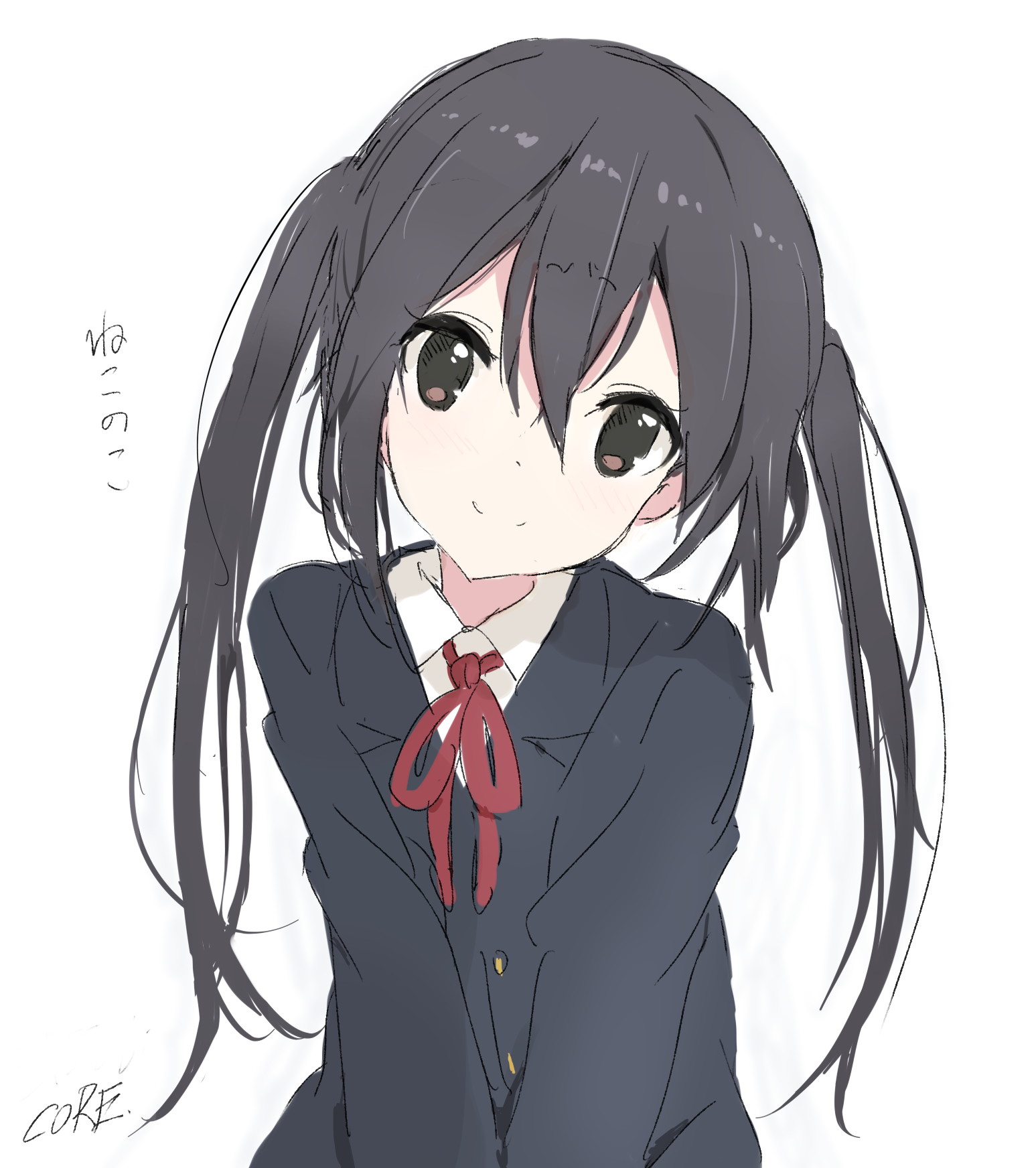 core (mayomayo), nakano azusa, k-on!, highres, 1girl, black hair, closed mouth, grey jacket, head tilt, jacket, long hair, looking at viewer, neck ribbon, red ribbon, ribbon, simple background, smile, twintails, upper body, white background