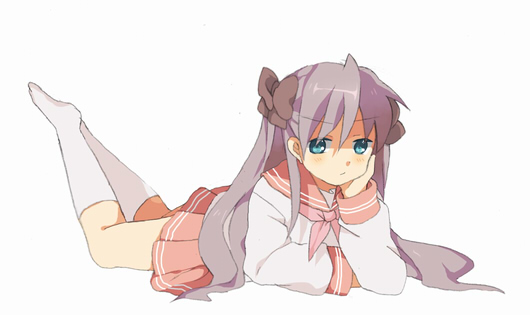 hizu, noise (hakusen), hiiragi kagami, lucky star, bad id, bad pixiv id, 00s, 1girl, female focus, lying, school uniform, serafuku, solo