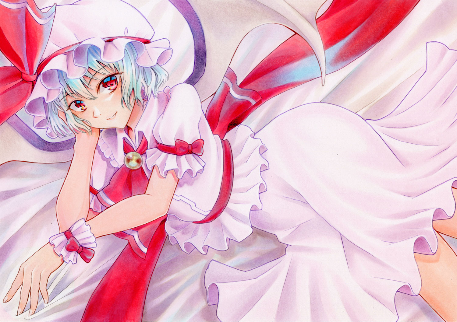 akira creative, remilia scarlet, touhou, commentary request, traditional media, 1girl, ascot, back ribbon, blue hair, blush, collared shirt, feet out of frame, frilled wrist cuffs, frills, from above, hat, hat ribbon, head on hand, lying, mob cap, on bed, on side, parted lips, pink hat, pink shirt, pink skirt, red ascot, red eyes, red ribbon, ribbon, shirt, short hair, short sleeves, skirt, smile, solo, wrist cuffs, yellow brooch