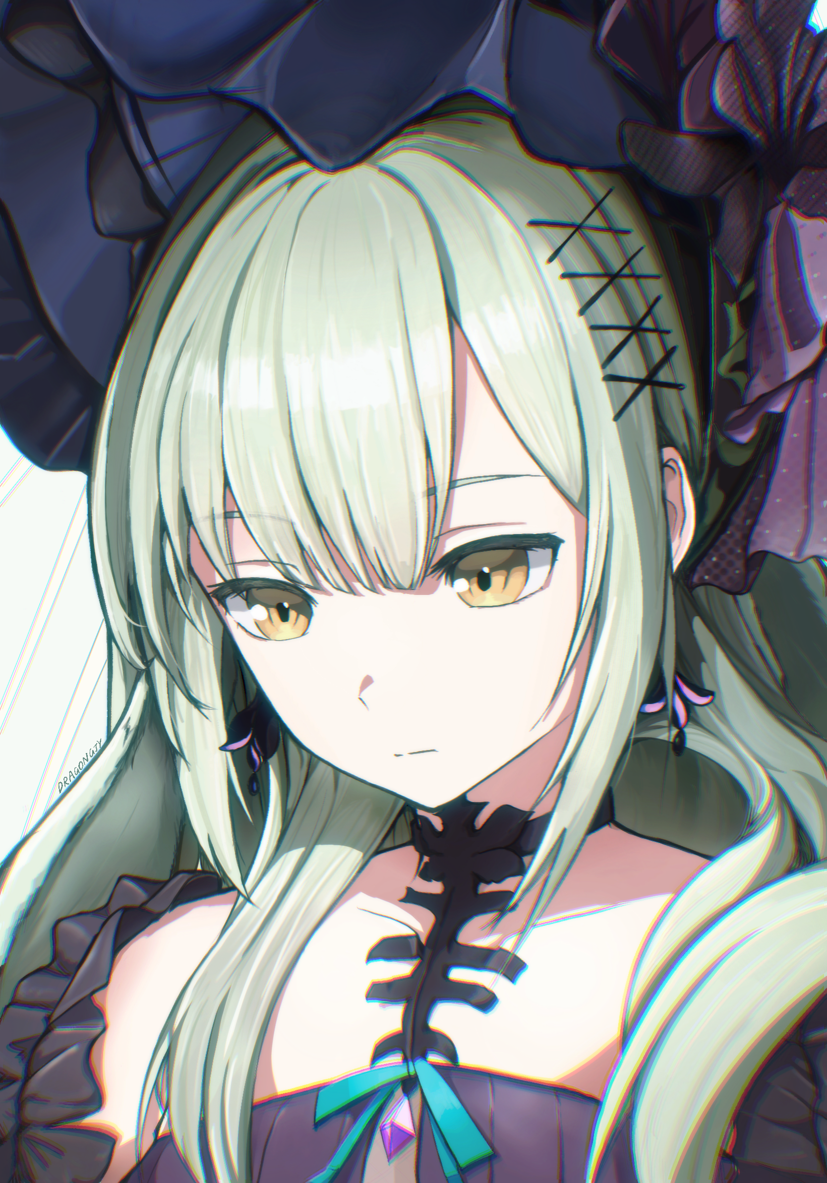 dragongjy, wakaba mutsumi, arknights, bang dream!, bang dream! it's mygo!!!!!, chinese commentary, commentary request, highres, 1girl, animal ears, black bonnet, black choker, bonnet, choker, chromatic aberration, closed mouth, earrings, expressionless, floppy ears, gothic lolita, green hair, hair ornament, jewelry, kemonomimi mode, lolita fashion, long hair, looking down, rabbit ears, sidelocks, solo, upper body, wakaba mutsumi (marionette's id), white background, x hair ornament, yellow eyes