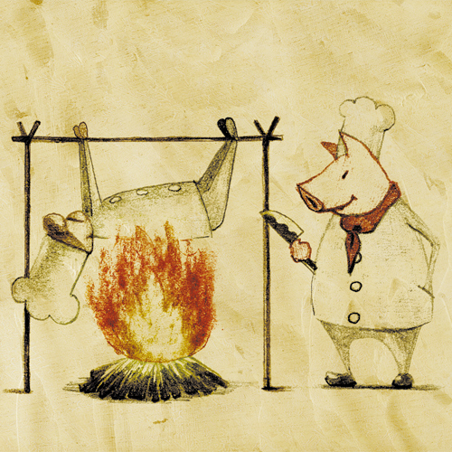 alpaca (artist), pacazama, original, bad id, bad pixiv id, lowres, 1boy, chef, pig, role reversal