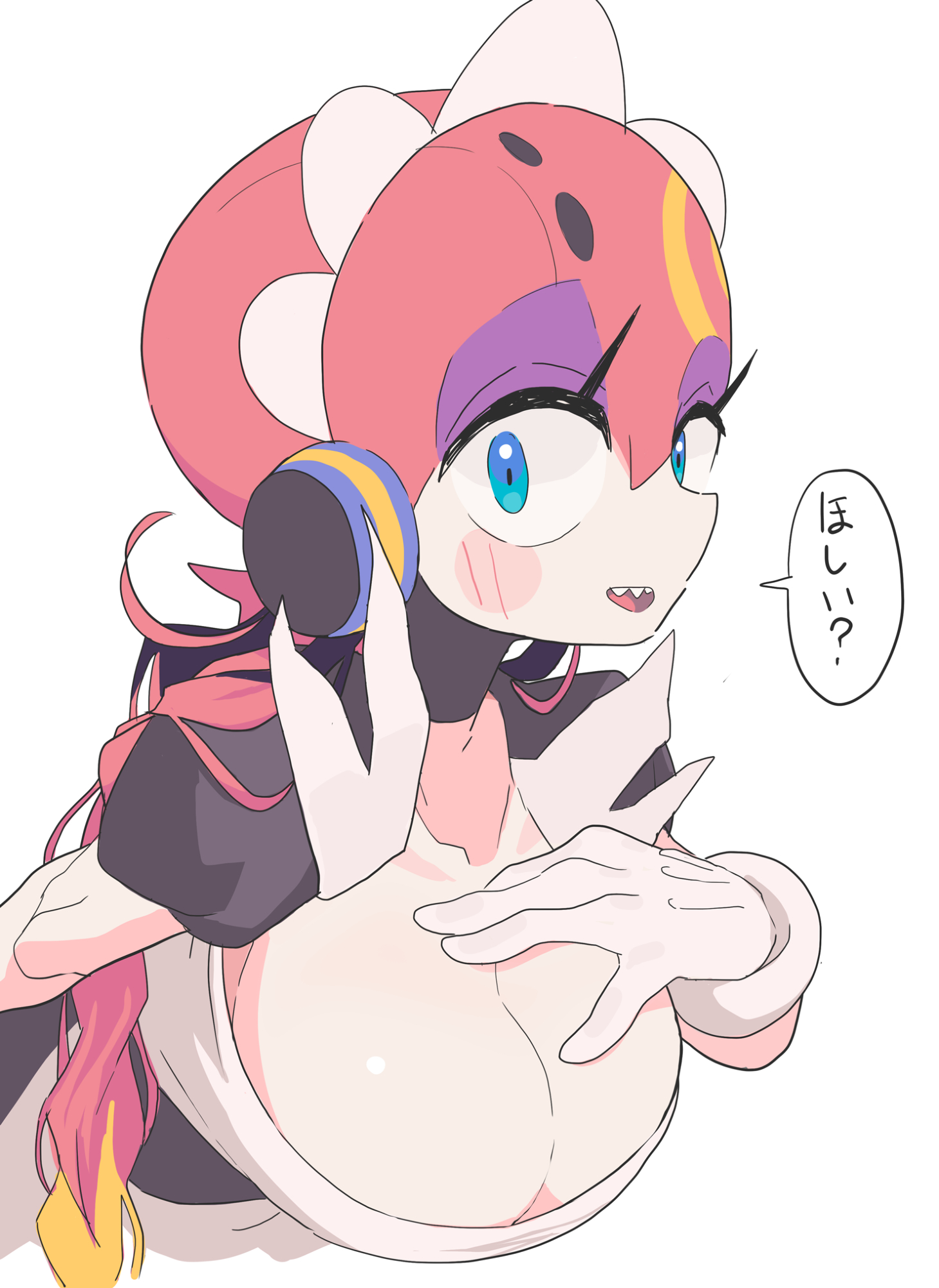 gashi-gashi, bommina, bommina the maidroid, commentary, highres, symbol-only commentary, translation request, 1girl, blush, breasts, cleavage, eyeshadow, gloves, large breasts, looking at viewer, makeup, open mouth, purple eyeshadow, sharp teeth, simple background, speech bubble, teeth, upper teeth only, white background, white gloves