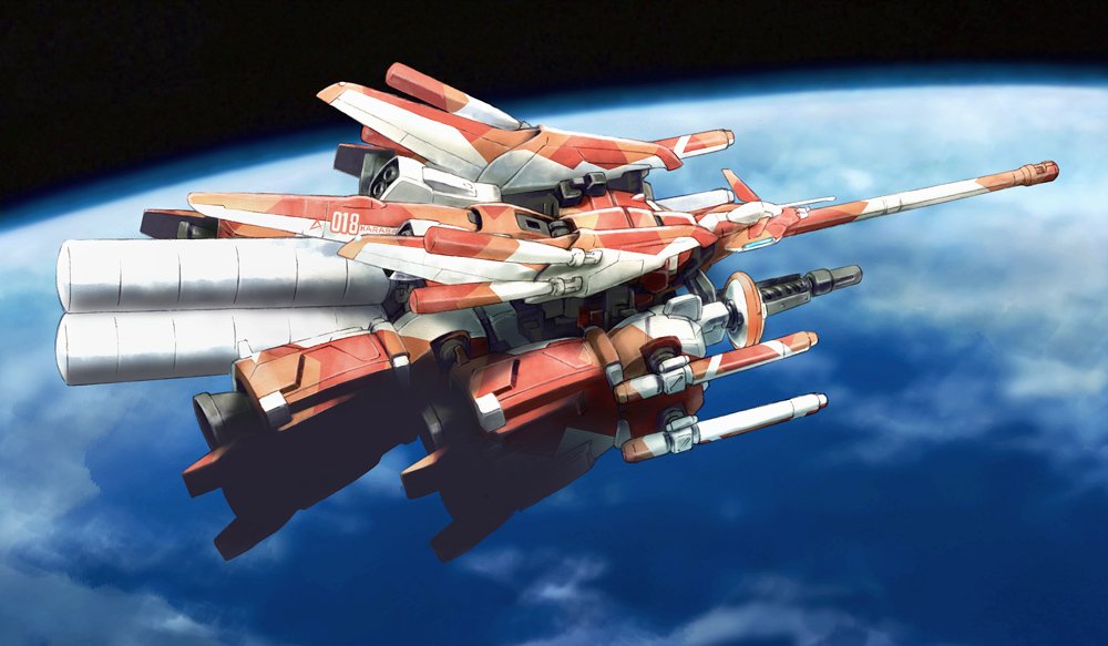 nyaou, zeta plus, gundam, gundam sentinel, blurry, earth (planet), flying, gun, mecha, no humans, outdoors, planet, robot, space, weapon