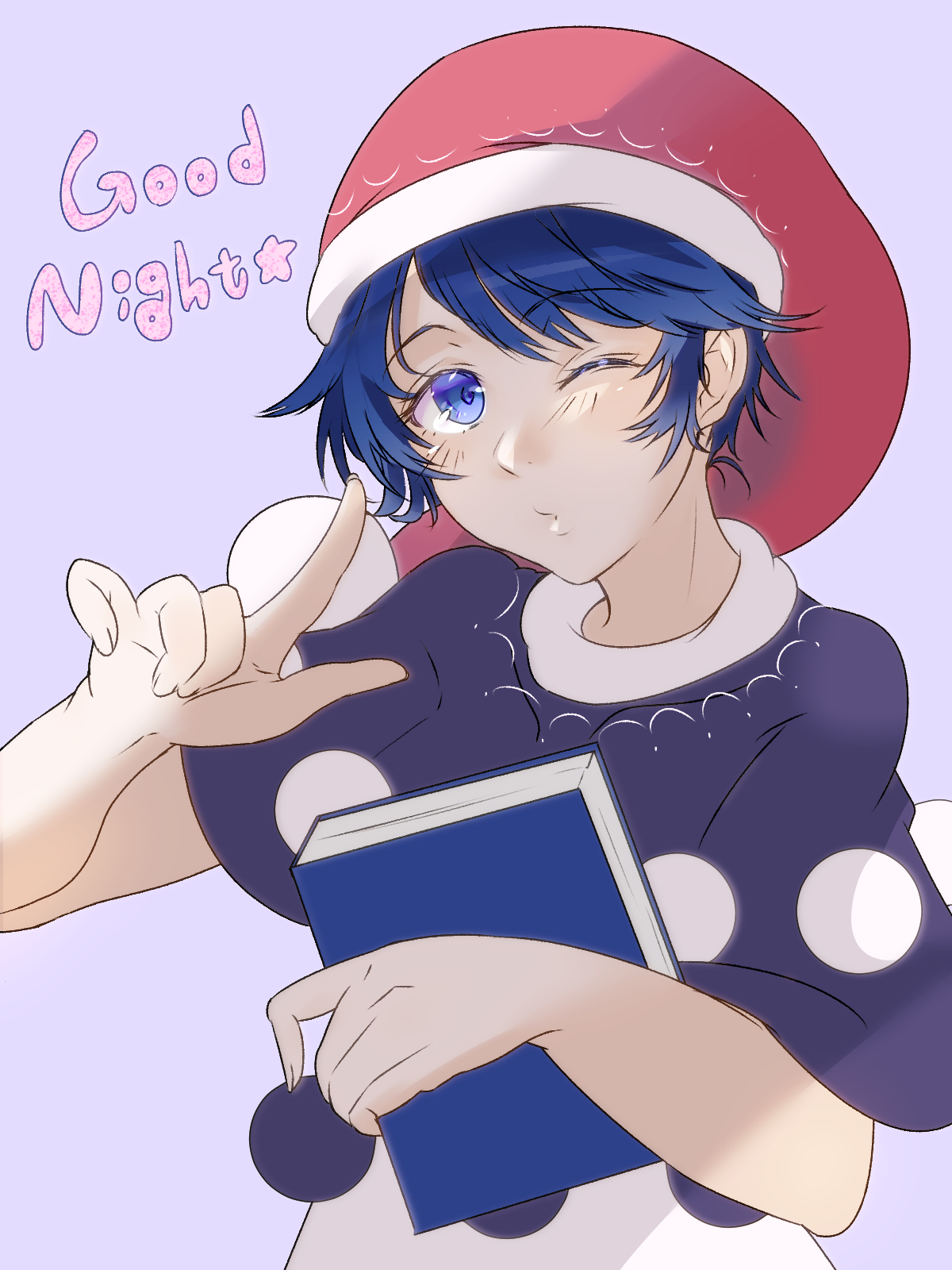 akira creative, doremy sweet, touhou, commentary request, highres, 1girl, black capelet, blue eyes, blue hair, blush, book, capelet, dress, english text, fur-trimmed headwear, fur trim, hat, holding, holding book, index finger raised, nightcap, one-hour drawing challenge, one eye closed, pom pom (clothes), purple background, pursed lips, red hat, short hair, solo, upper body, white dress