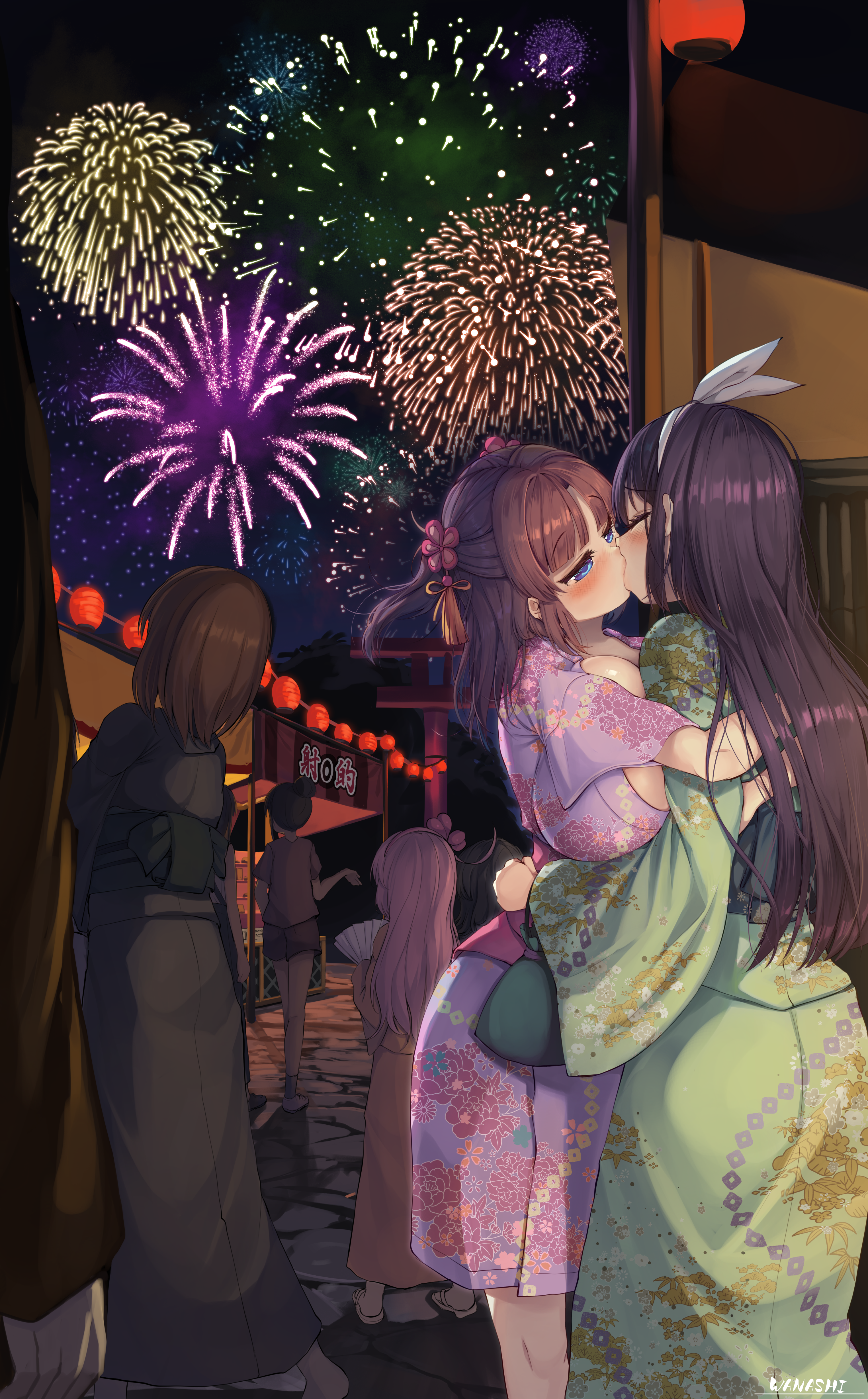 wanashi tam, original, absurdres, commentary request, highres, 1other, 4girls, black hair, blue eyes, blush, bow hairband, breasts, brown hair, closed eyes, fireworks, floral print, floral print kimono, green kimono, hairband, hand on another's waist, japanese clothes, kimono, kiss, large breasts, multiple girls, night, outdoors, pink hair, print kimono, purple kimono, short hair, summer festival, white hairband, yuri