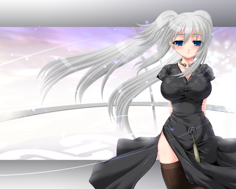 utsugi tsuguha, nao (mabinogi), mabinogi, silver hair, 1girl, arms behind back, blue eyes, blush, breasts, curvy, female focus, large breasts, long hair, solo, thighhighs, very long hair, wide hips