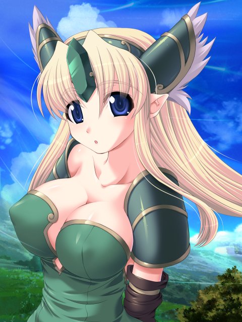 utsugi tsuguha, riesz, seiken densetsu, seiken densetsu 3, blonde hair, blue eyes, blush, breasts, cleavage, large breasts, long hair, pointy ears, solo
