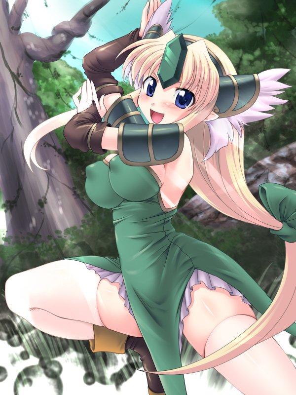 utsugi tsuguha, iinchou (seto no hanayome), riesz, seiken densetsu, seiken densetsu 3, seto no hanayome, 1girl, blonde hair, blue eyes, blush, breasts, female focus, long hair, low-tied long hair, parody, pointy ears, solo, thighhighs