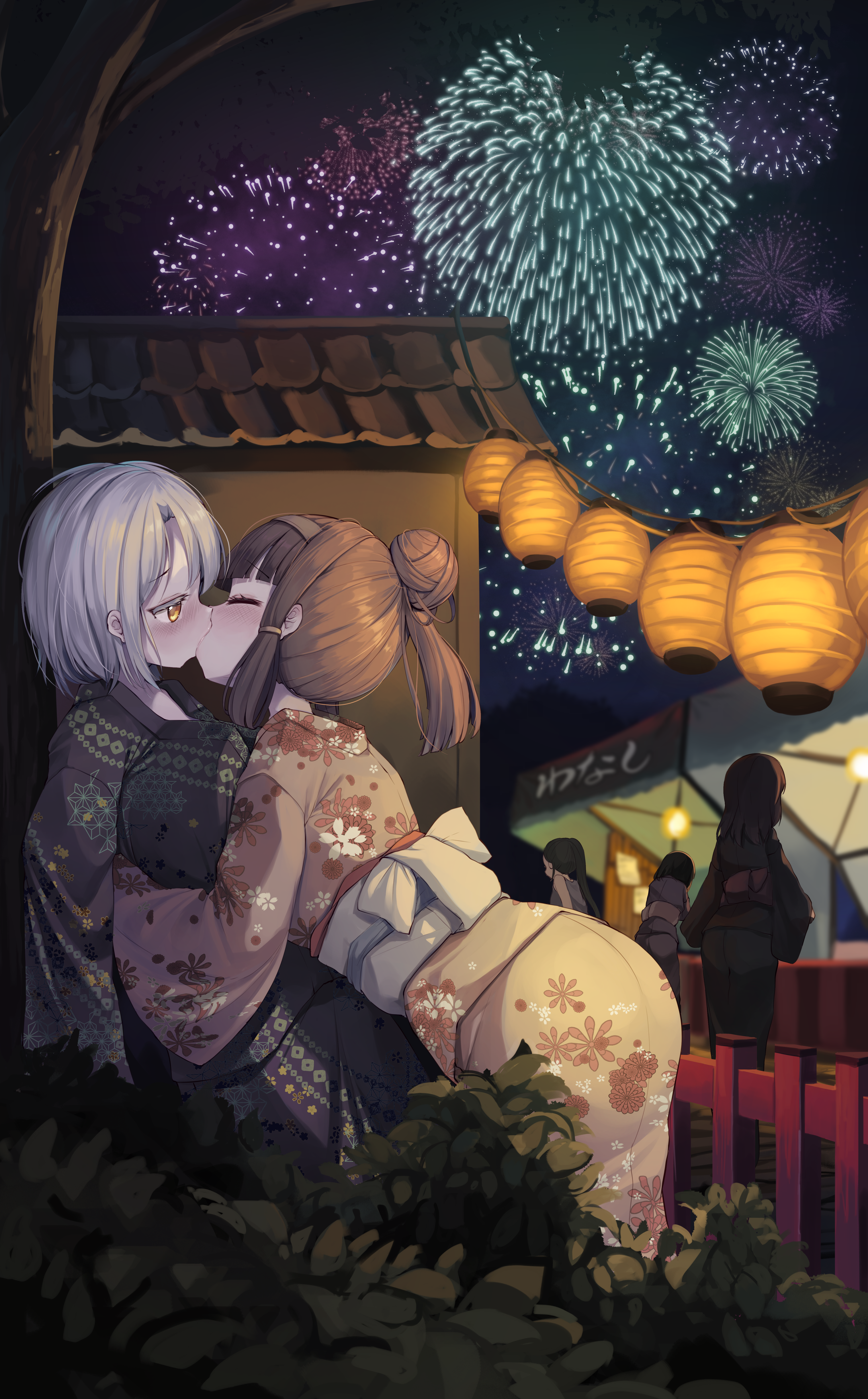 wanashi tam, original, absurdres, commentary request, highres, 5girls, black kimono, blush, brown hair, brown kimono, closed eyes, fireworks, floral print, floral print kimono, hair bun, japanese clothes, kimono, kiss, lantern, multiple girls, night, obi, outdoors, paper lantern, print kimono, sash, summer festival, tree, white hair, yellow eyes, yuri
