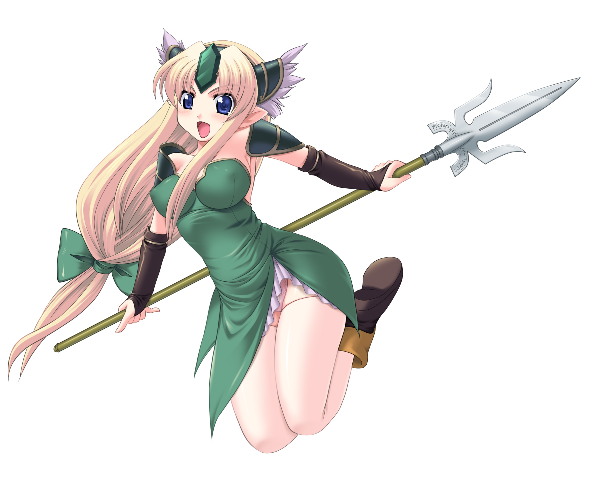 utsugi tsuguha, riesz, seiken densetsu, seiken densetsu 3, 1girl, blonde hair, blue eyes, blush, female focus, long hair, low-tied long hair, pointy ears, polearm, solo, spear, thighhighs, weapon
