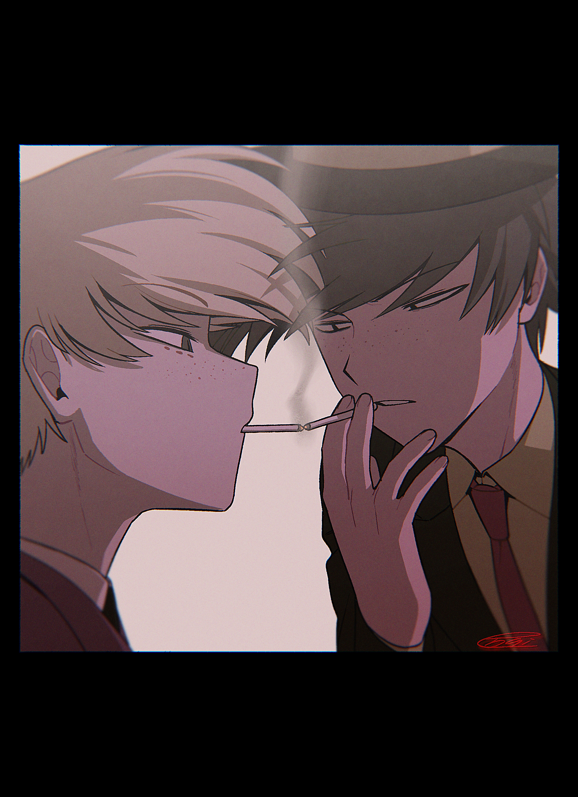 menma (enaic31), angel dust, arackniss, hazbin hotel, hellaverse, absurdres, commentary request, highres, 2boys, backlighting, black border, black hair, black hat, black jacket, border, brothers, chromatic aberration, cigarette, collared shirt, face-to-face, fedora, film grain, freckles, grey eyes, hat, holding, holding cigarette, humanization, jacket, layered sleeves, long sleeves, looking at another, messy hair, mouth hold, multiple boys, necktie, parted lips, portrait, profile, red necktie, shirt, short hair, siblings, signature, simple background, smoke, smoking, swept bangs, white background, white hair, white shirt