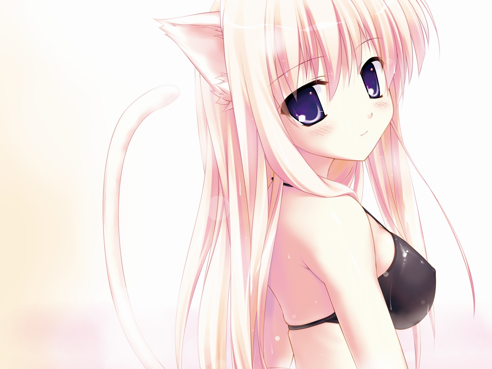 fujisaki rei, highres, non-web source, 1girl, animal ears, bikini, black bikini, blonde hair, blush, cat ears, cat tail, female focus, long hair, purple eyes, solo, swimsuit, tail