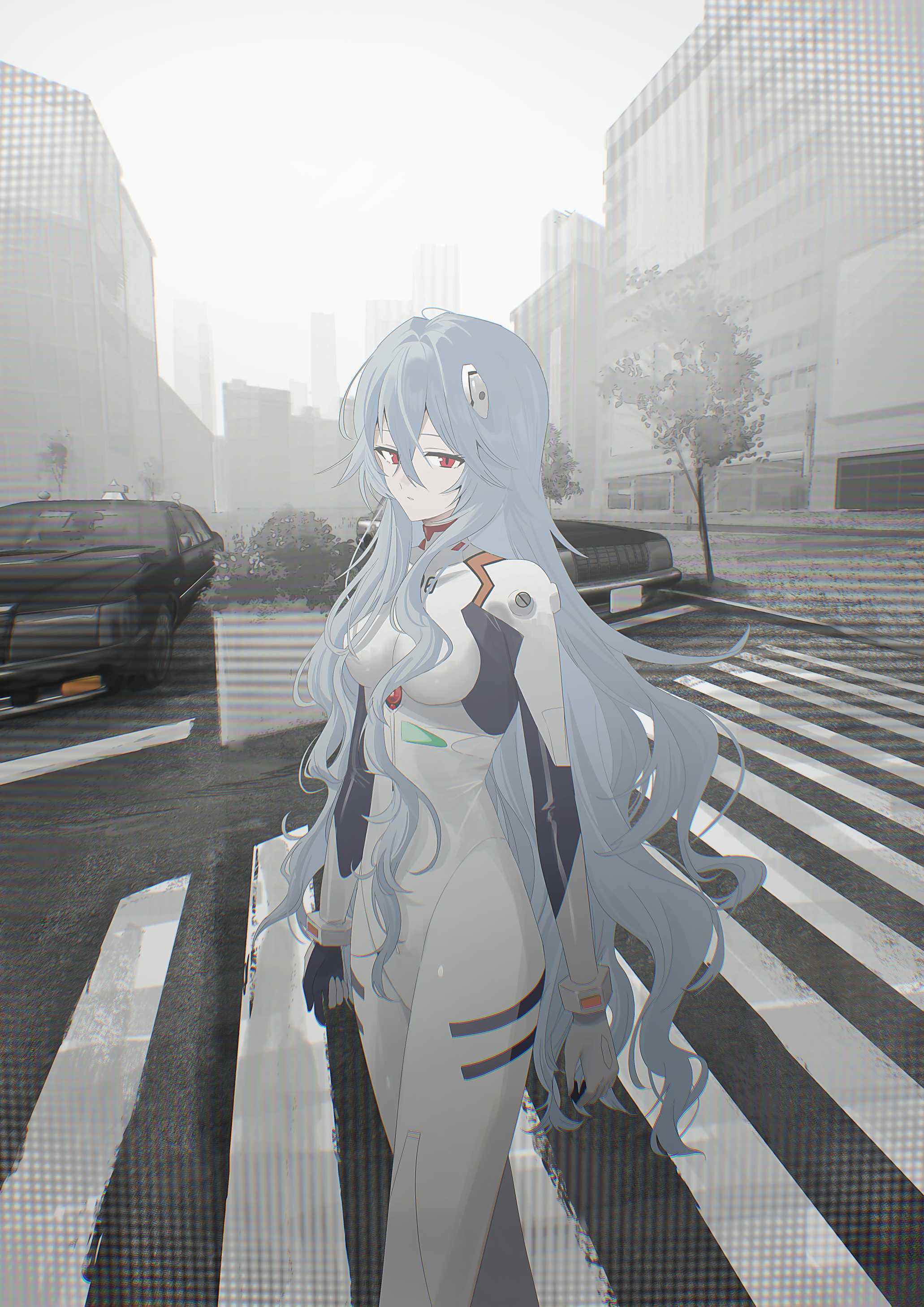 chihuri, ayanami rei, neon genesis evangelion, absurdres, commentary request, highres, 1girl, bodysuit, breasts, building, car, closed mouth, crosswalk, feet out of frame, grey hair, hair between eyes, hair intakes, headgear, long hair, looking at viewer, medium breasts, motor vehicle, outdoors, overcast, parted lips, red eyes, sky, solo, tree, very long hair, walking, white bodysuit
