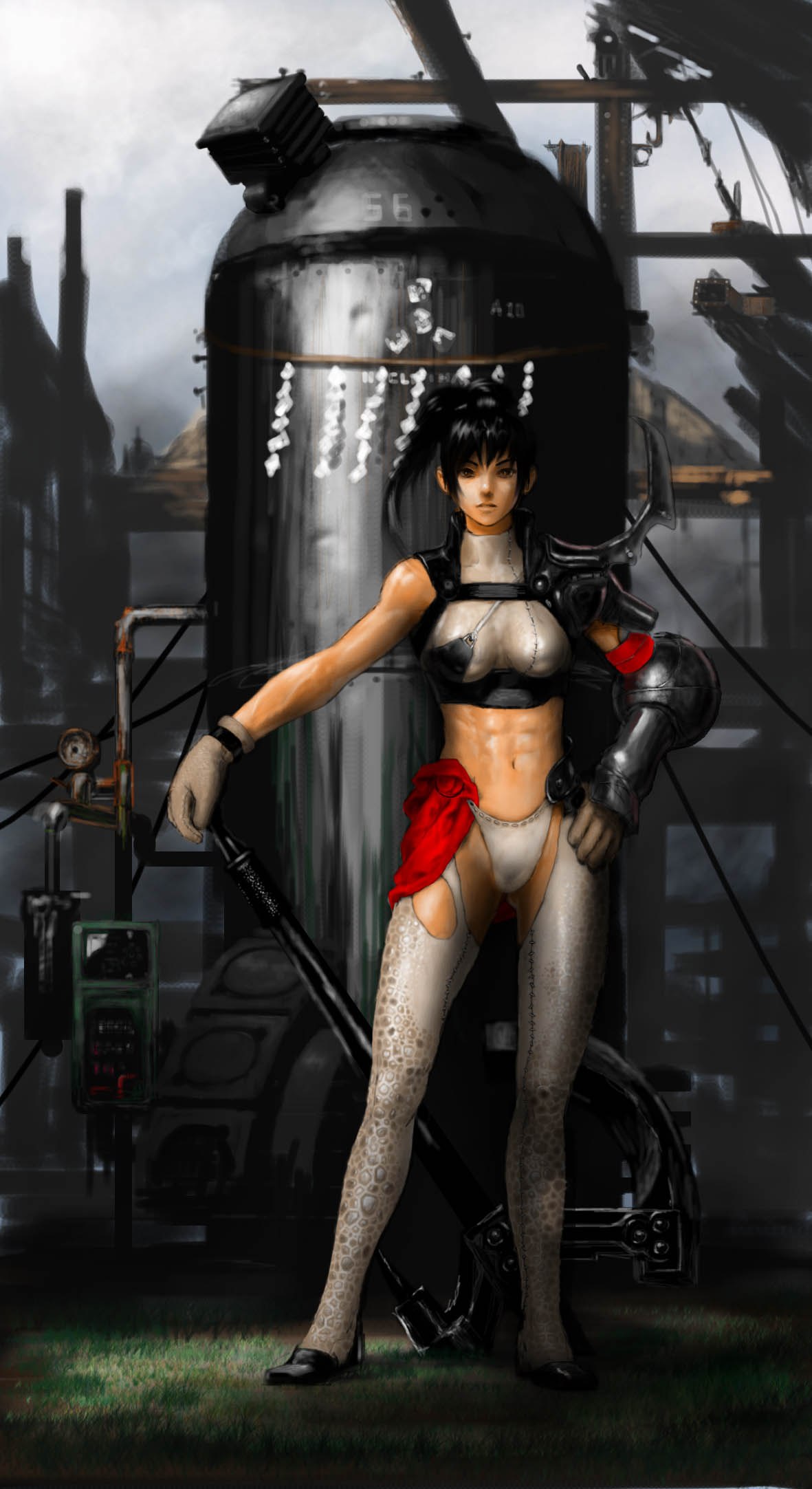 ffff (oooixiooo), original, highres, abs, armor, gloves, legs, solo, weapon