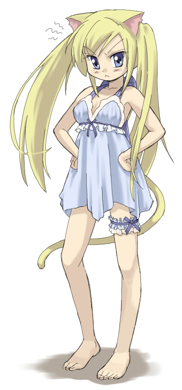 you2, original, 1girl, :<, animal ears, barefoot, blonde hair, blue eyes, cat ears, cat tail, chemise, feet, female focus, frilled thigh strap, hands on own hips, lingerie, long hair, solo, tail, thigh strap, twintails, underwear