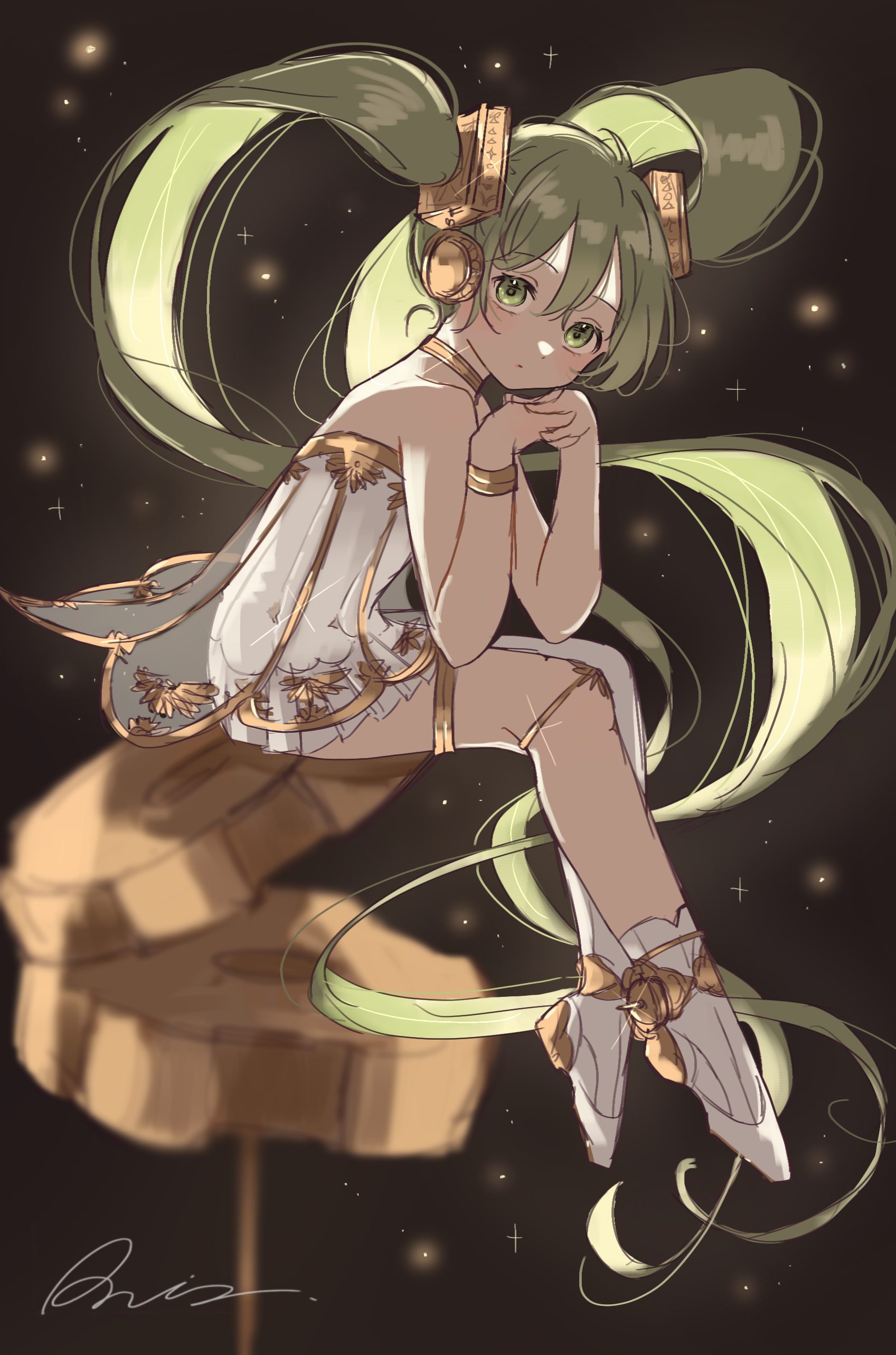 raria (reisui25 raria), gramophone miku, hatsune miku, miku symphony (vocaloid), vocaloid, absurdres, highres, 1girl, asymmetrical legwear, ballerina, ballet slippers, bracelet, closed mouth, dress, gold bracelet, green eyes, grey hair, hair between eyes, hair ornament, jewelry, long hair, solo, strapless, strapless dress, tutu, twintails, very long hair