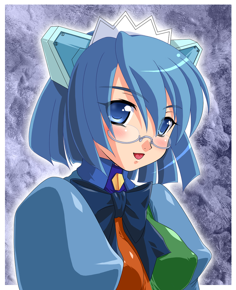 utsugi tsuguha, 2k-tan, os-tan, 1girl, :d, blue-framed eyewear, blue bow, blue bowtie, blue dress, blue eyes, blue hair, blue theme, bow, bowtie, dress, female focus, glasses, headgear, looking at viewer, matching hair/eyes, open mouth, puffy sleeves, semi-rimless eyewear, short hair, smile, solo, under-rim eyewear