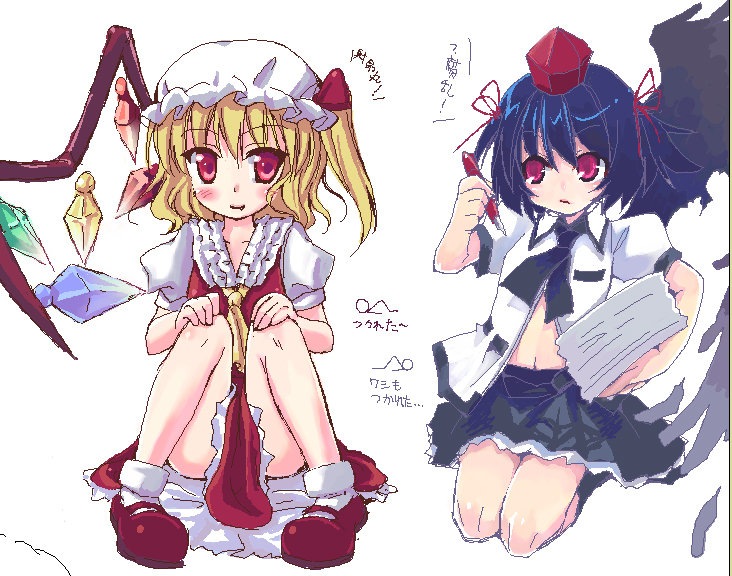 nullken, flandre scarlet, shameimaru aya, touhou, 2girls, black hair, black wings, blonde hair, female focus, full body, hat, mary janes, mob cap, multiple girls, oekaki, red eyes, shoes, side ponytail, simple background, sitting, skirt, tokin hat, white background, wings