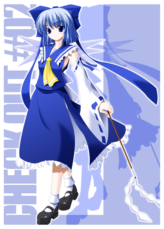 kii (mahoraba), cirno, hakurei reimu, immaterial and missing power, touhou, 1girl, aged up, alternate color, bow, cosplay, female focus, gohei, hakurei reimu (cosplay), japanese clothes, miko, player 2, solo, wings