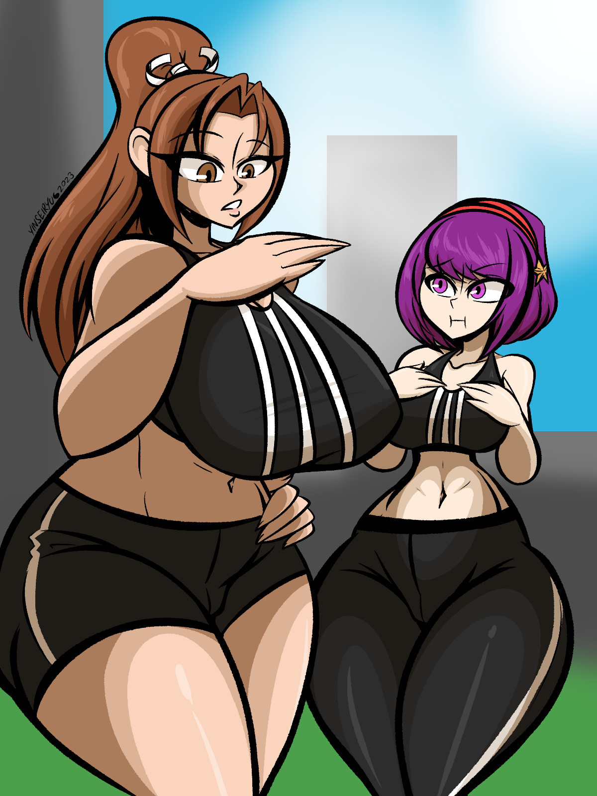 yinseiryu, asamiya athena, shiranui mai, the king of fighters, 2girls, bike shorts, breasts, brown eyes, brown hair, curvy, grabbing own breast, hair ornament, hairband, hand on own hip, hand up, hands on own chest, hands up, huge breasts, large breasts, leggings, long hair, medium breasts, multiple girls, outdoors, pale skin, pants, ponytail, purple eyes, purple hair, shirt, short hair, shorts, spandex, sportswear, standing, star (symbol), tank top, thick thighs, thighs, tight clothes, tight pants, tight shirt, very long hair, wide hips, yoga pants