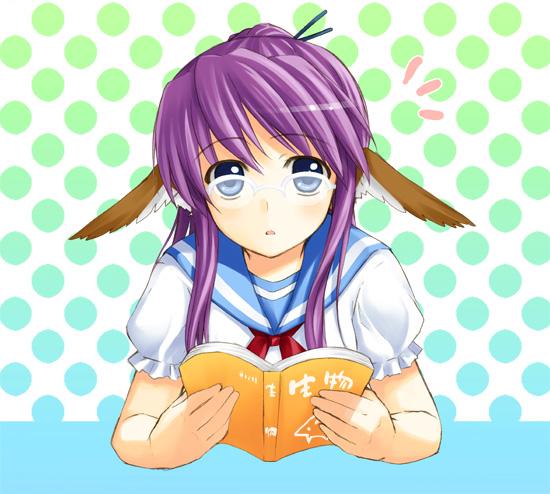 touka (utawarerumono), utawarerumono, 00s, 1girl, animal ears, blush, book, female focus, glasses, head wings, long hair, ponytail, purple hair, school uniform, serafuku, solo, wings