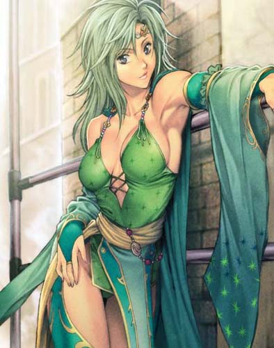 homare (fool's art), rydia (adult) (ff4), rydia (ff4), final fantasy, final fantasy iv, square enix, lowres, 1990s (style), 1girl, armpits, breasts, bridal gauntlets, cape, female focus, green hair, grey eyes, large breasts, leotard, retro artstyle, solo, thighs