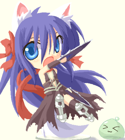 lowres, animal ears, blue hair, chibi, oekaki, red scarf, scarf, solo