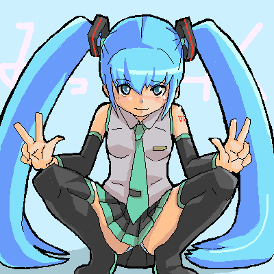 tarayama, hatsune miku, vocaloid, bad id, bad pixiv id, lowres, long hair, necktie, oekaki, solo, thighhighs, twintails, very long hair