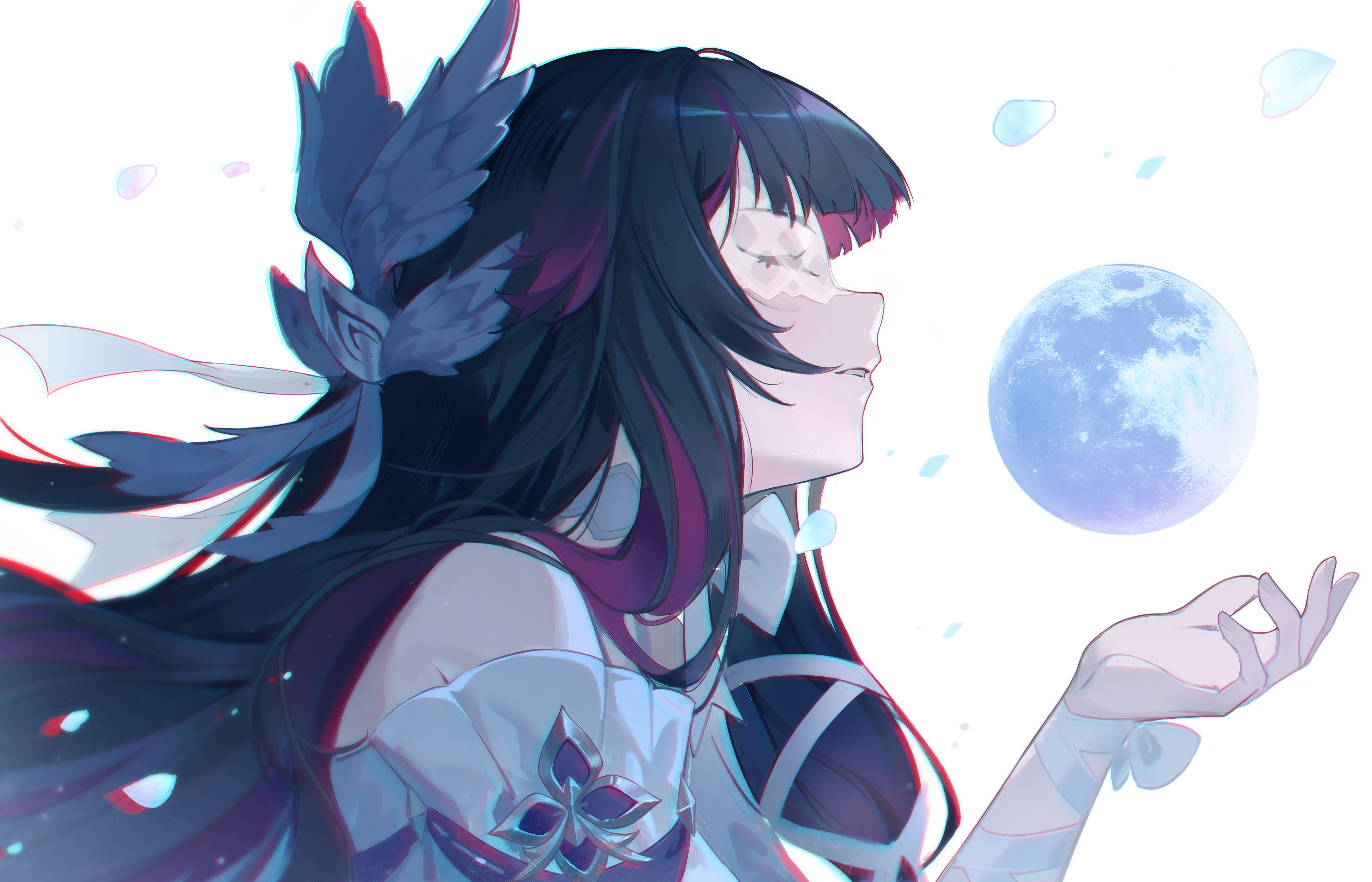 woodylixx, columbina (genshin impact), genshin impact, absurdres, highres, 1girl, black hair, closed eyes, feathered wings, full moon, long hair, long sleeves, moon, multicolored hair, multiple wings, parted lips, pink hair, sidelocks, simple background, solo, very long hair, white background, white mask, white wings, wings