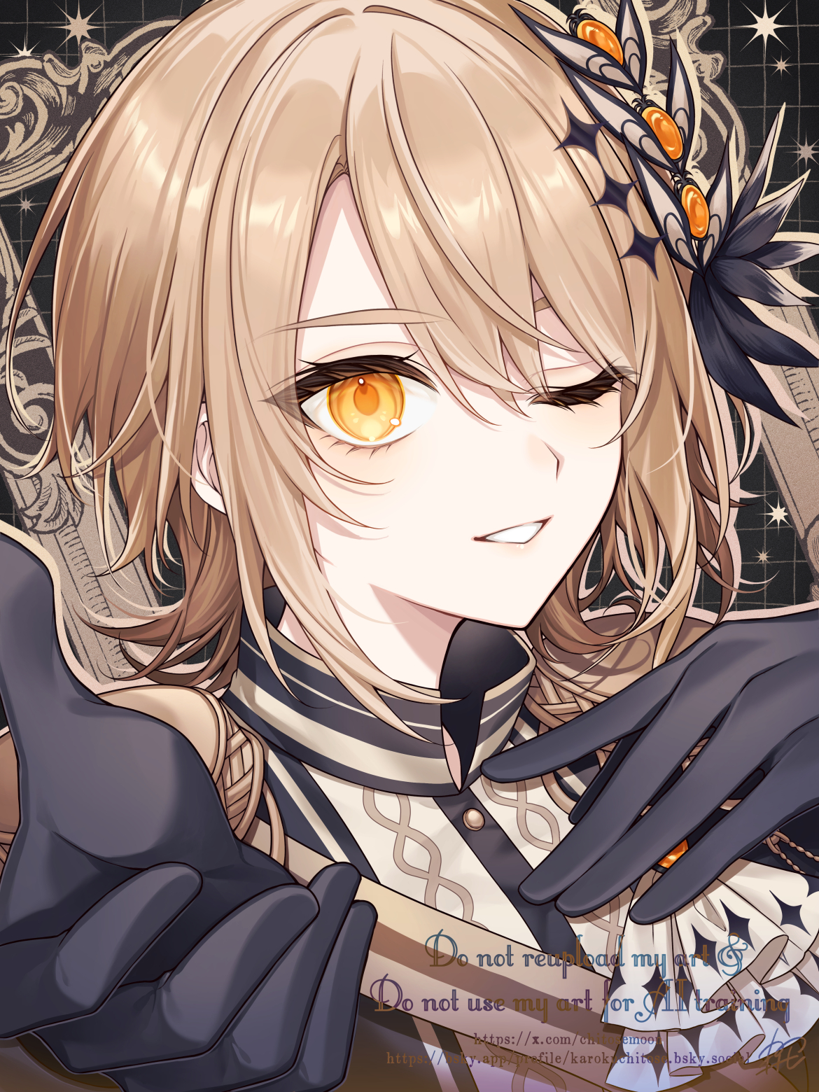 karokuchitose, mahou shoujo no majo saiban, commentary request, highres, 1girl, black gloves, brown eyes, brown hair, brown jacket, gloves, hair between eyes, hands up, hasumi reia, jacket, looking at viewer, magical girl, one eye closed, parted lips, shirt, solo, thick eyebrows, upper body, watermark, web address, white shirt