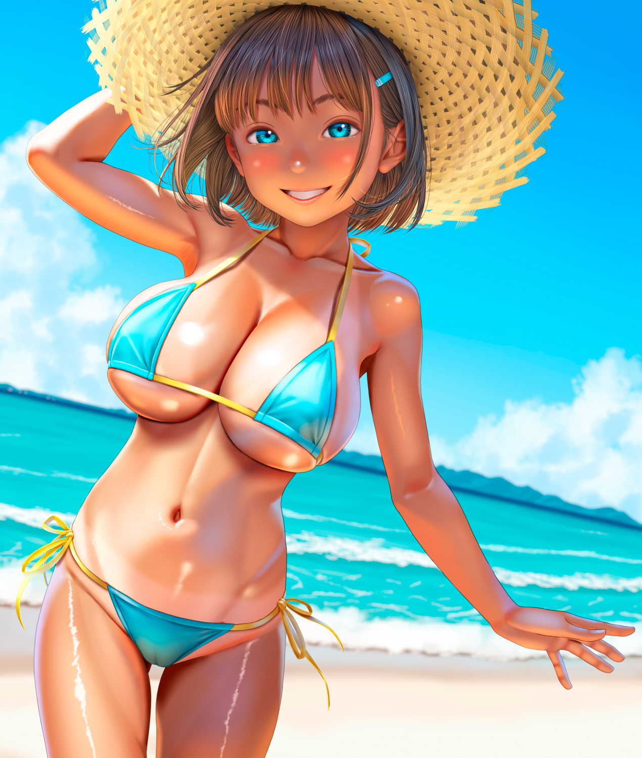 uzuki mei, original, highres, 1girl, beach, bikini, blue eyes, breasts, brown hair, day, hair ornament, hairclip, hat, huge breasts, looking at viewer, navel, ocean, oppai loli, outdoors, short hair, side-tie bikini bottom, smile, solo, straw hat, swimsuit, tan, tanline