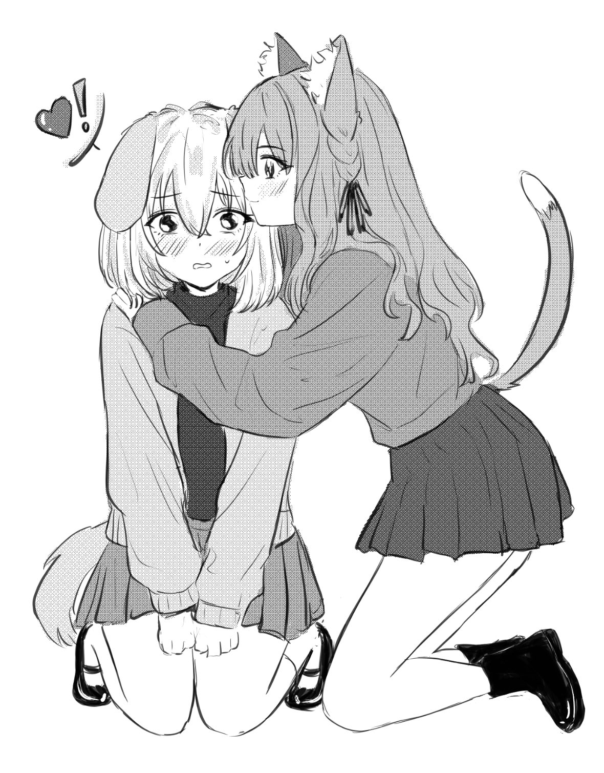 misumi uika, togawa sakiko, bang dream!, bang dream! it's mygo!!!!!, highres, 2girls, animal ears, blush, cat ears, cat girl, cat tail, closed mouth, dog ears, dog girl, dog tail, greyscale, hair ribbon, heart, jacket, kemonomimi mode, kneeling, long sleeves, monochrome, multiple girls, pleated skirt, ribbon, school uniform, shirt, skirt, smile, spoken heart, tail, uikays, yuri