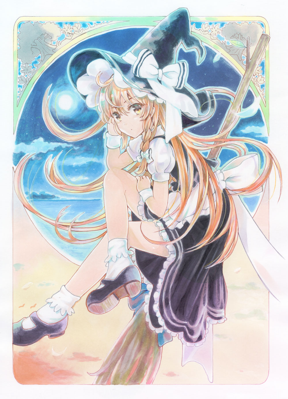 akira creative, kirisame marisa, touhou, commentary request, highres, traditional media, 1girl, apron, back bow, black hat, black shoes, black skirt, black vest, blonde hair, bow, braid, broom, broom riding, closed mouth, cloud, crossed legs, dot mouth, flower, frilled apron, frilled skirt, frills, from side, full moon, hat, hat bow, knees, lake, long hair, looking to the side, mary janes, moon, night, night sky, orange sky, puffy short sleeves, puffy sleeves, shirt, shoes, short sleeves, single braid, skirt, sky, socks, solo, star (sky), starry sky, sunset, tree, vest, white apron, white bow, white shirt, white socks, white wrist cuffs, witch hat, wrist cuffs, yellow eyes