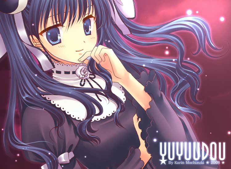 mochizuki karin (artist), original, 1girl, blue eyes, blue hair, female focus, flower, long hair, matching hair/eyes, ribbon, rose, solo