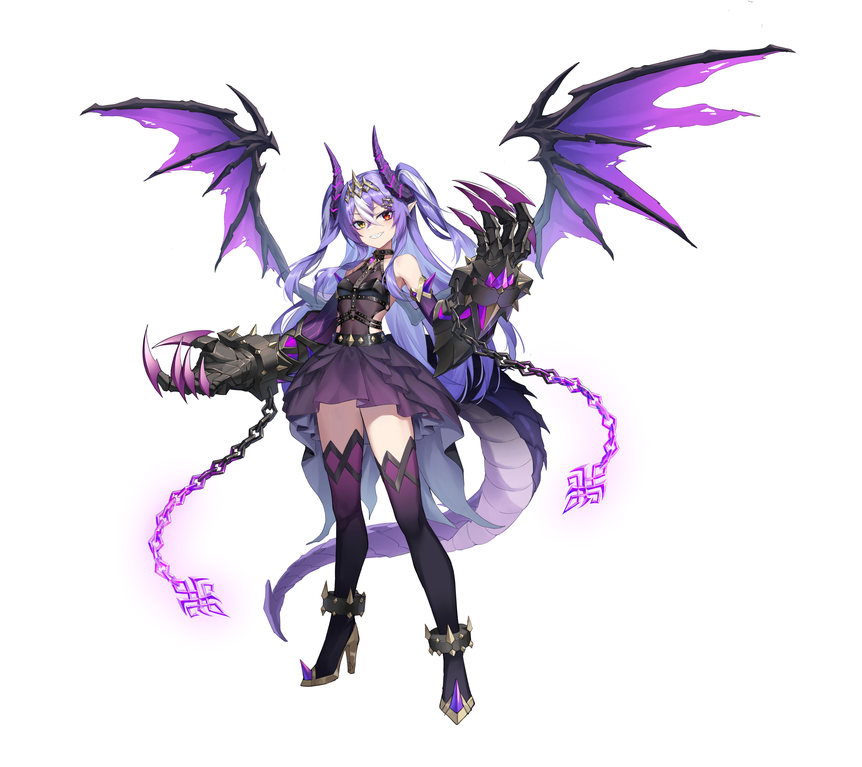 shaoxiao, original, absurdres, commentary, highres, 1girl, bare shoulders, black boots, black shirt, boots, claws, double-parted bangs, dragon girl, dragon wings, full body, gradient legwear, grin, hair between eyes, heterochromia, high heel boots, high heels, horns, long hair, looking at viewer, pointy ears, purple hair, purple horns, purple skirt, purple thighhighs, purple wings, red eyes, sharp teeth, shirt, simple background, skirt, sleeveless, sleeveless shirt, smile, solo, standing, teeth, thighhighs, white background, wings, yellow eyes
