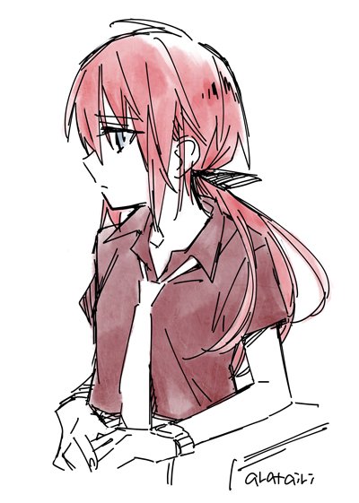 arata iri, commentary request, 1girl, black shirt, long hair, low ponytail, necktie, ponytail, red hair, school uniform, shirt, shishimaru airi, short sleeves, simple background, solo, todo no tsumari no uchoten, upper body, watch, white background, wristwatch