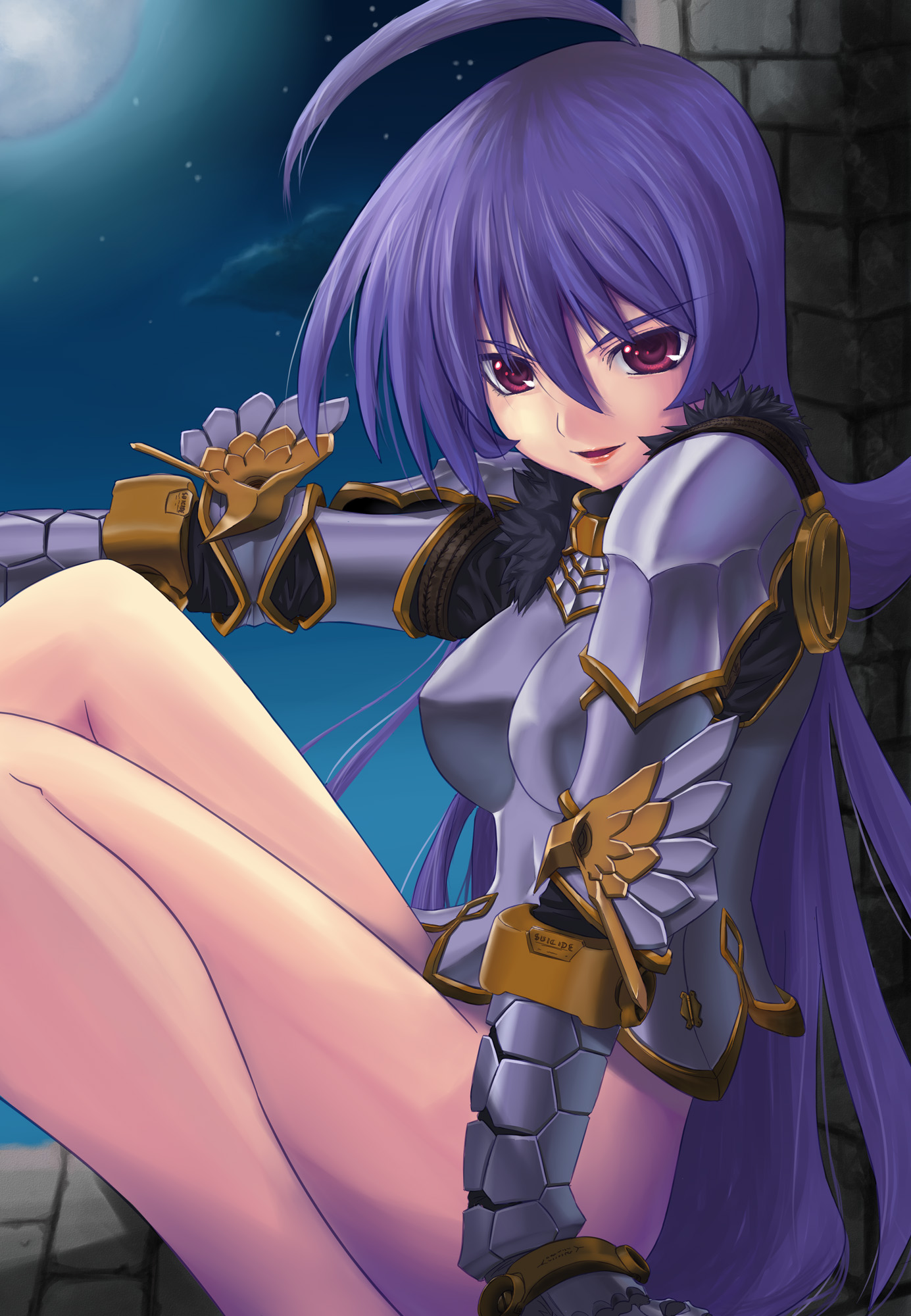 sei2makoto, shibuya susano, highres, 1girl, ahoge, armor, bottomless, female focus, purple eyes, purple hair, solo