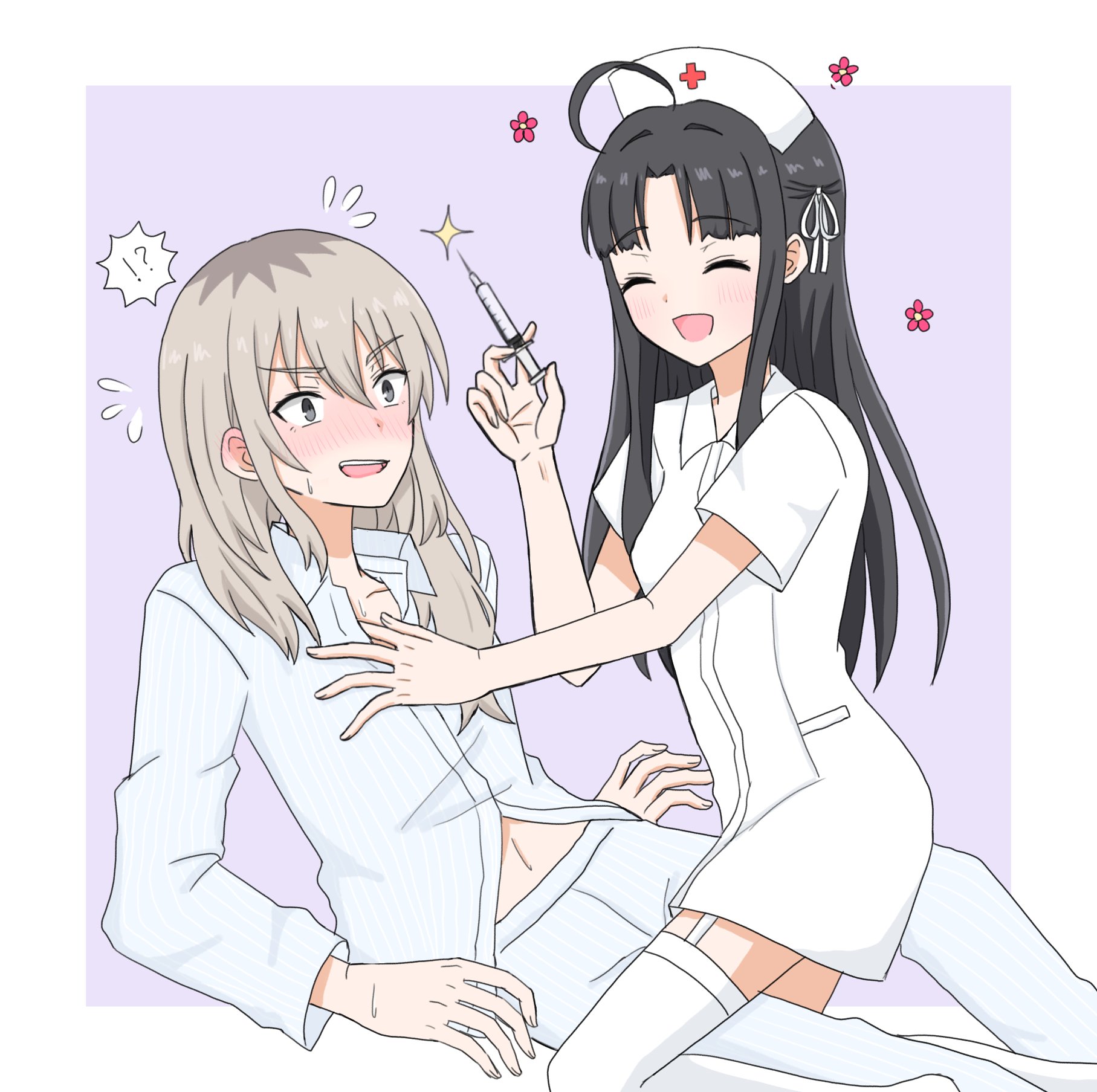 xiaoyu (xiaoyu0308), awa subaru, kawaragi momoka, girls band cry, commentary request, highres, 2girls, blush, border, closed eyes, collared shirt, dress, flying sweatdrops, garter straps, grey eyes, grey hair, hat, holding, holding syringe, multicolored hair, multiple girls, navel, nurse, nurse cap, open mouth, outside border, pants, purple background, roots (hair), shirt, simple background, smile, sparkle, straddling, syringe, thighhighs, white border, white dress, white pants, white shirt, white thighhighs, yuri