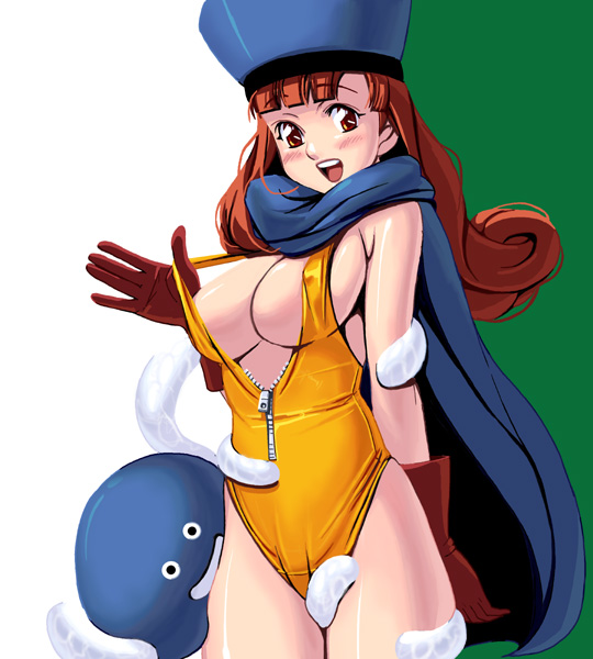 kouno (masao), alena (dq4), healslime, man o' war (dragon quest), chunsoft, dragon quest, dragon quest iv, enix, arm grab, slime, bad id, bad pixiv id, 1girl, :d, alternate costume, arm behind back, bestiality, between legs, blunt bangs, blush, breasts, cape, cleavage, consensual tentacles, covered erect nipples, cowboy shot, curly hair, female focus, gloves, green background, hat, interspecies, large breasts, leg grab, leotard, long hair, looking at viewer, monster, open mouth, orange hair, parted bangs, peeking, red eyes, red hair, sideboob, simple background, smile, solo, standing, strap pull, tentacles, undressing, unzipped, white background