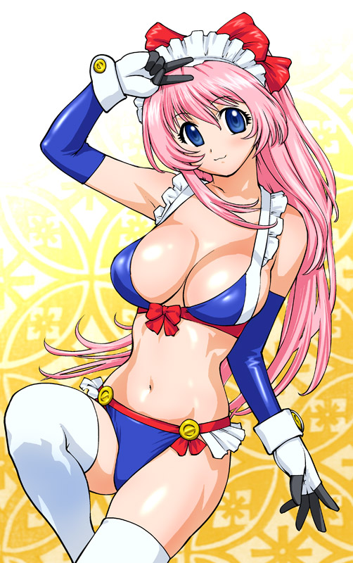 ueyama michirou, kurumi (koutetsu tenshi kurumi), koutetsu tenshi kurumi, 1girl, bikini, blue bikini, blue eyes, elbow gloves, female focus, gloves, long hair, pink hair, ponytail, solo, swimsuit, thighhighs