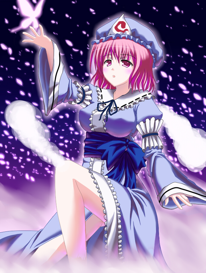 izumi sai, saigyouji yuyuko, touhou, bad id, bad pixiv id, 1girl, breasts, bug, butterfly, female focus, hat, pink eyes, pink hair, solo
