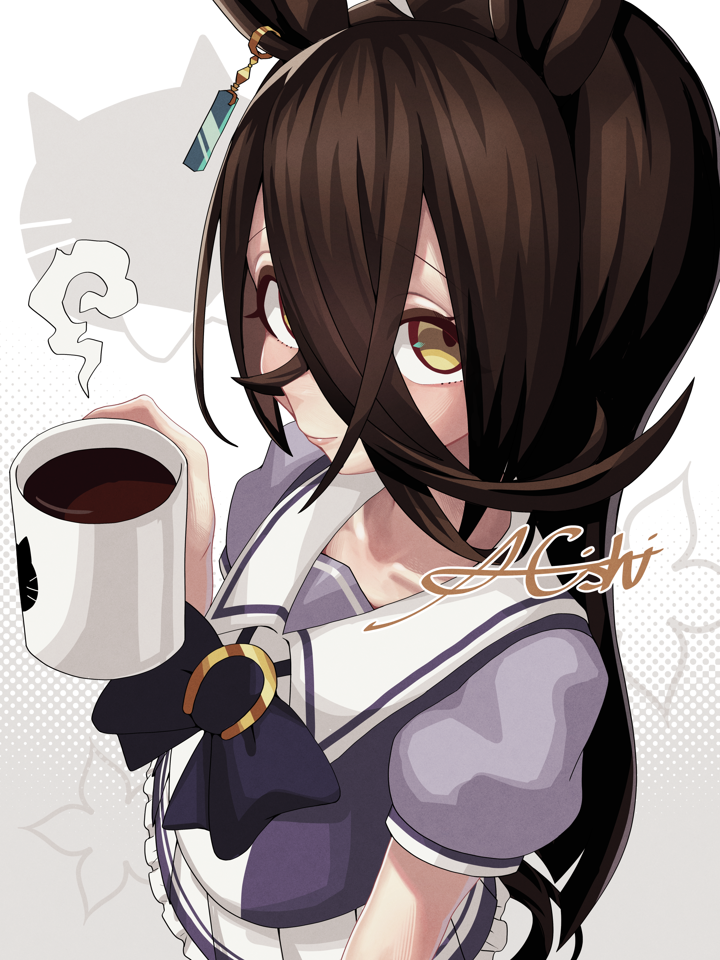 a4 (a4 eishi), manhattan cafe (umamusume), umamusume, absurdres, highres, 1girl, ahoge, animal ears, artist name, black hair, bow, bowtie, closed mouth, coffee mug, cup, ear ornament, ear tag, earrings, frilled skirt, frills, hand up, holding, holding cup, horse ears, horse girl, horse tail, jewelry, long hair, looking at viewer, mug, multicolored hair, pleated skirt, puffy short sleeves, puffy sleeves, purple bow, purple bowtie, purple shirt, sailor collar, school uniform, shirt, short sleeves, signature, single earring, skirt, smile, solo, steam, tail, tracen school uniform, two-tone shirt, very long hair, white hair, white sailor collar, white shirt, white skirt